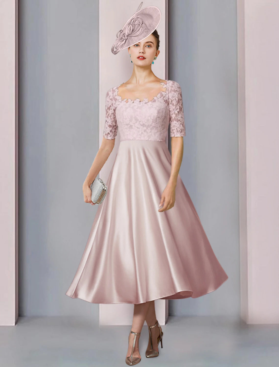 Wholesale  Two Piece A-Line Mother of the Bride Dress Wedding Guest Church Party Elegant Scoop Neck Tea Length Satin Lace Half Sleeve with Pleats